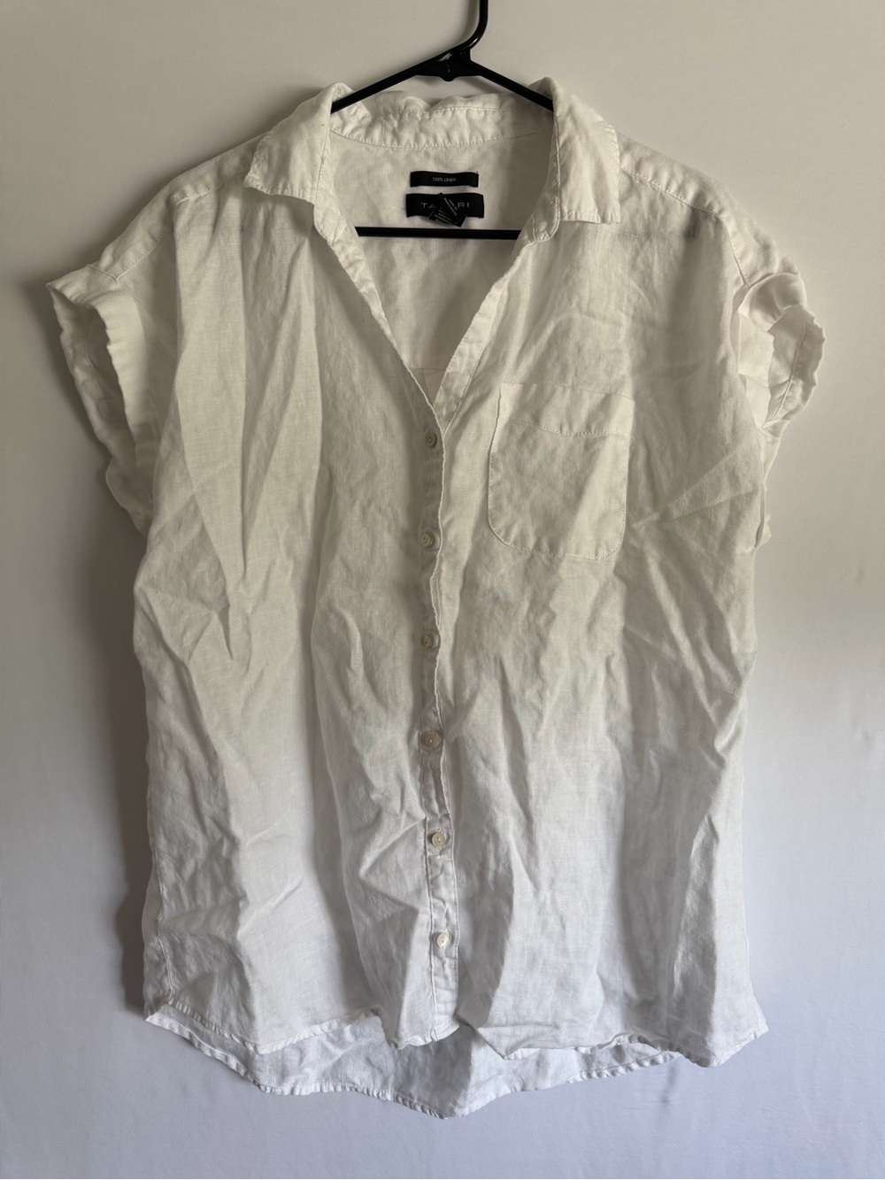 Tahari Shirt Women’s L White 100% Linen Cap Sleeve Button Up Casual Top